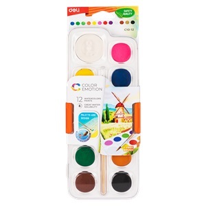 Deli EC10-12 Watercolour Paints with Brush 12 Colours