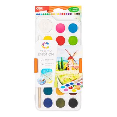 Deli EC10-21 Watercolour Paints with Brush 21 Colours