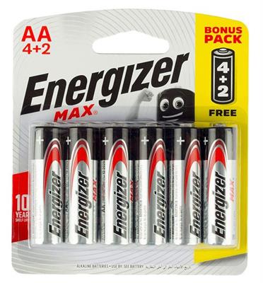 Energizer E91BP6 Max Alkaline AA Battery x 6 Blister Pack (Pencil Cell)