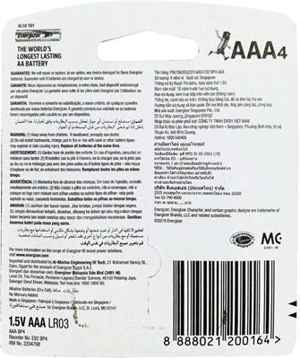 Energizer E92BP4 Max Alkaline AAA Battery x 4 Blister Pack (Pencil Cell)