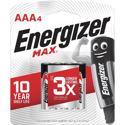 Energizer E92BP4 Max Alkaline AAA Battery x 4 Blister Pack (Pencil Cell)