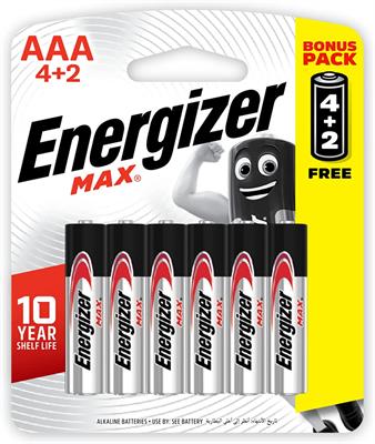 Energizer E92BP6 Max Alkaline AAA Battery x 6 Blister Pack (Pencil Cell)