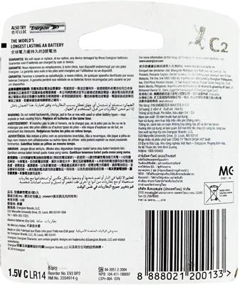 Energizer E93BP2 Max Alkaline C Battery x 2 Blister Pack