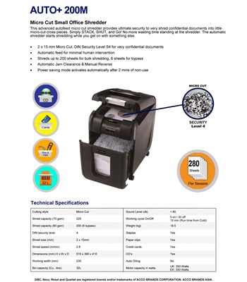 GBC ShredMaster AUTO+ 200M 200-Pages Autofeed Micro-Cut Paper/CD/Card Shredder
