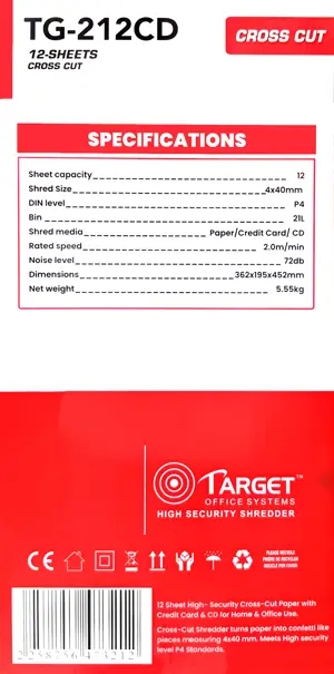 Target TG-212CD 12-Pages Cross-Cut Paper/Card/CD P-4 Shredder