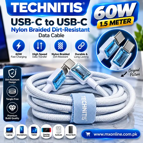 TECHNITIS 60W 1.5Meter C2C Nylon Braided Dirt-Resistant Super Fast Charging Data Charging Cable 