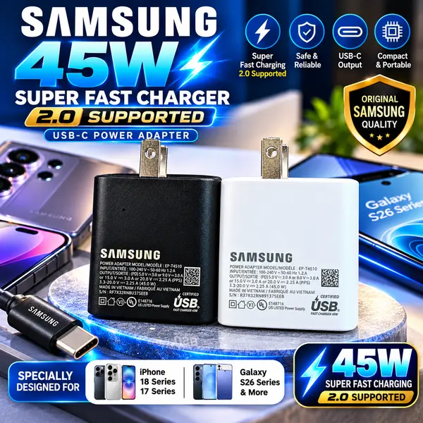 100% Original Samsung 45W Super Fast Charging 2.0 USB-C Charger ( Box Pulled Out Stock )