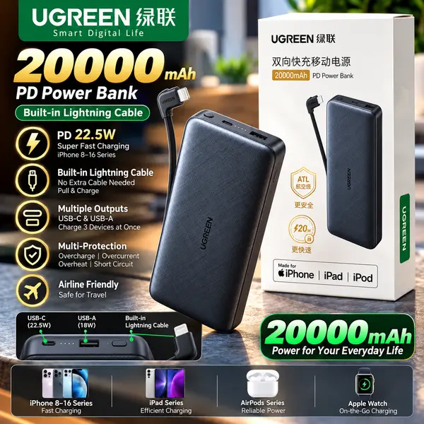 UGREEN PB163 20000mAh 20W PD Fast Charging Power Bank with Built-in Lightning Cable