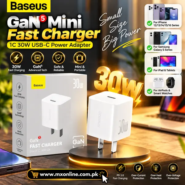 Baseus GaN5 Mini 30W USB-C PD Fast Charging Power Adapter – Compact Super Fast Charger for iPhone, Samsung & iPad