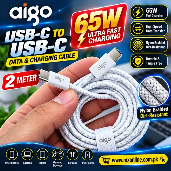Aigo 2meter 65W USB-C to USB-C Nylon Braided Dirt-Resistant Super Fast Charging Data Cable 