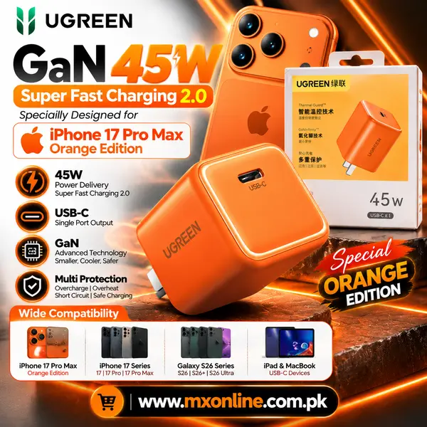 UGREEN GaN 45W Super Fast Charger 2.0 – Special Orange Edition | USB-C Super Fast Charging 2.0 for iPhone 17 Pro Max, iPhone 17 Series & Samsung Galaxy S26 Series