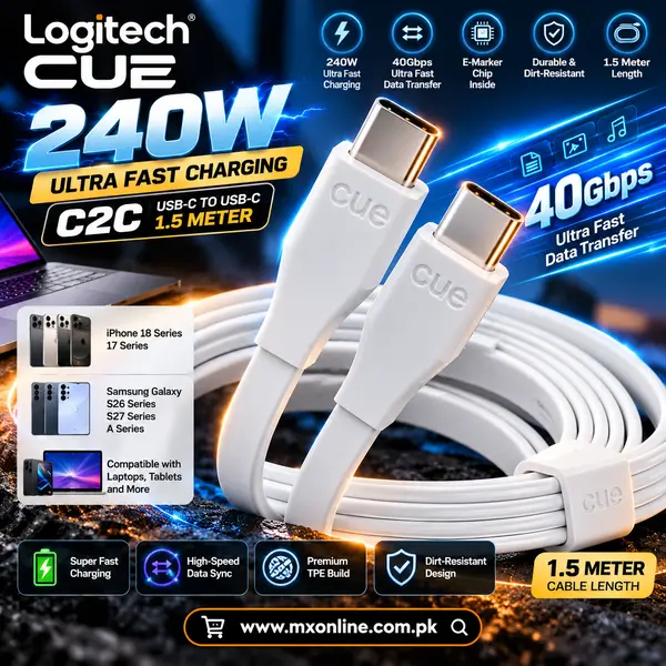 Logitech Nue 240W USB-C to USB-C Super Fast Charging & High-Speed Data Transfer Cable