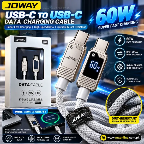 JOWAY CC016 60W USB-C to USB-C Super Fast Charging Cable – 1M Premium Nylon Braided, Digital Power Display & High-Speed Data Transfer 