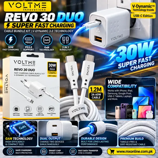 VOLTME Revo 30 Duo 30W GaN Super Fast Charger with 1.2M USB-C Cable – PD 3.0 Dual Port Charging Bundle Kit