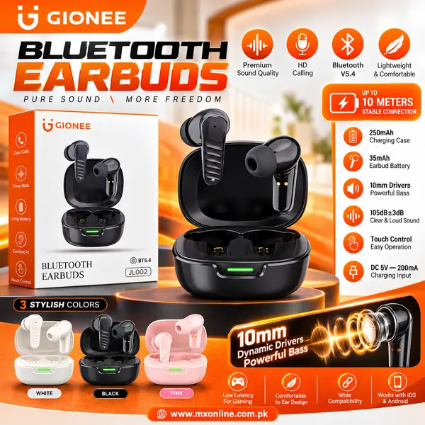 Gionee JL002 Wireless Bluetooth V5.4 Earbuds – Premium Sound Quality, Deep Bass, Touch Control & Portable Charging Case