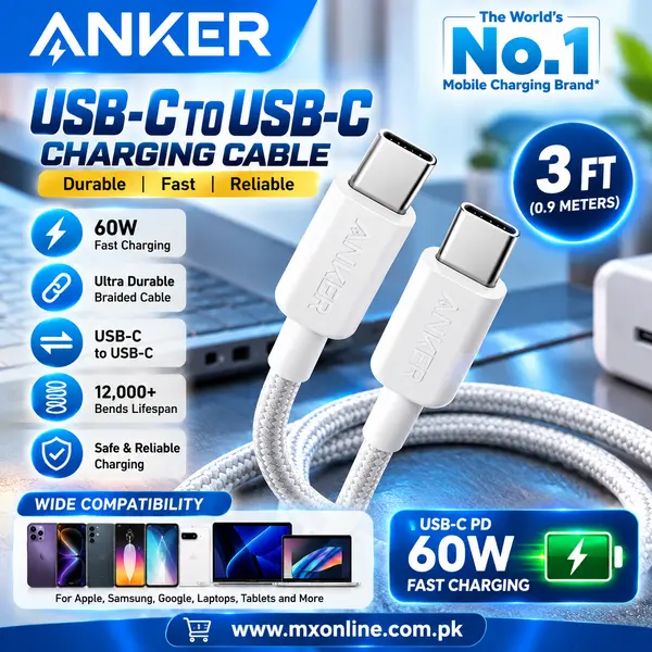 Anker Ultra-Durable USB-C to USB-C 60W Fast Charging Braided Cable – 3FT (0.9M) | Premium Quality, Strong & Reliable