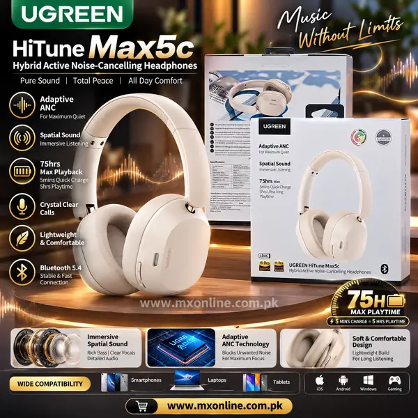 UGREEN HiTune Max5c Wireless Bluetooth Headphones – Hybrid Adaptive ANC, Spatial Sound, Hi-Res Audio, 75H Playtime & Fast Charging
