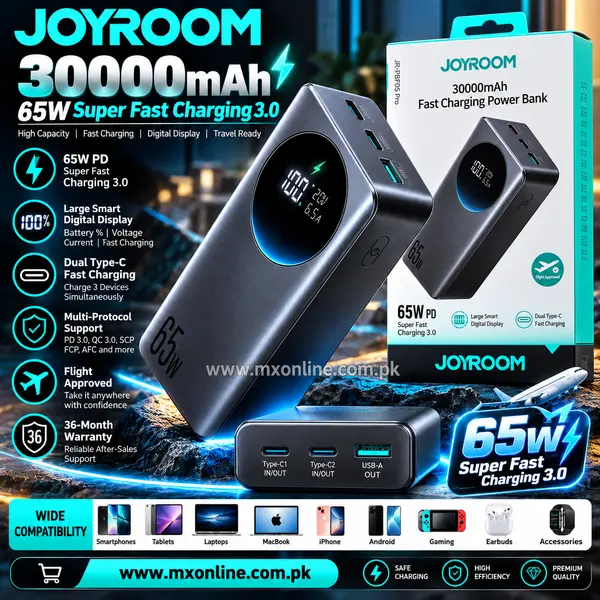 JOYROOM JR-PBF05 Pro 30000mAh 65W PD Super Fast Charging 3.0 Power Bank – Smart Digital Display, Dual Type-C Ports & Laptop Fast Charging