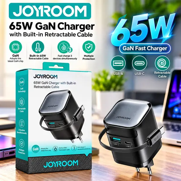 Joyroom JR-TCL02 65W GaN Charger with Retractable USB-C Cable (EU Plug)