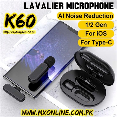 K60 Wireless Lavalier Microphone Noise Cancelling Audio Video Recording With Charging Case For iPhone/Android - Lightning