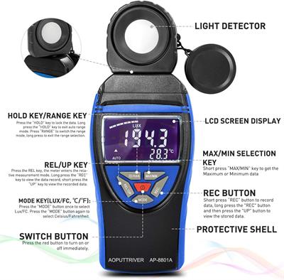 AOPUTTRIVER Digital Light Meter LuxTester up to 400,000Lux AP-8801B