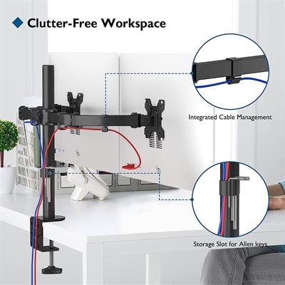 BONTEC Dual Monitor Stand for 13-27 inch LCD LED PC Screens for Desks, Height Adjustable Arm Bracket Tilt 90° Swivel 180° Rotate 360°, VESA 75/100