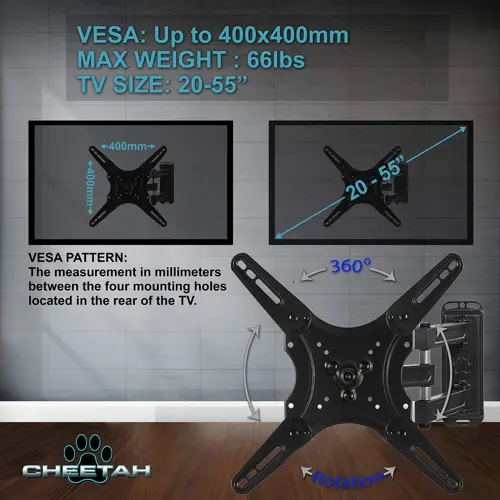 Cheetah ALAMLB Articulating Arm TV Wall Mount fits 20-55" VESA 400 Full Motion Tilt Swivel Rotation Extension Bracket