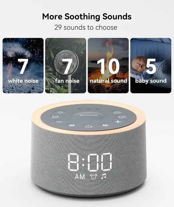 Dreamegg D1+ Sound Sleep Therapy White Noise Machine Alarm Clock 29 Soothing Sounds with Night Light