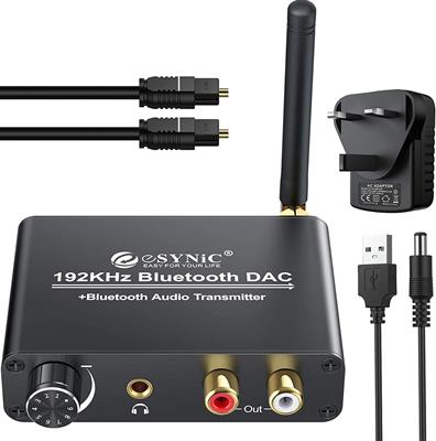 eSynic 192kHz Bluetooth DAC Transmitter V5.0 Bluetooth Converter Transmits with Volume Adjustment Digital to Analog Audio Converter with L/R & 3.5mm Output Supports