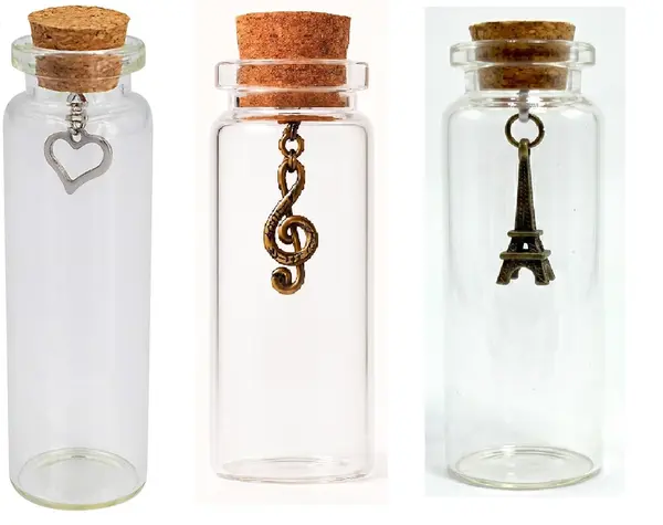 Glass Bottles with Cork Stoppers 40-Pack (20 ml) With Heart, Dollar and Eiffel Tower Pendent