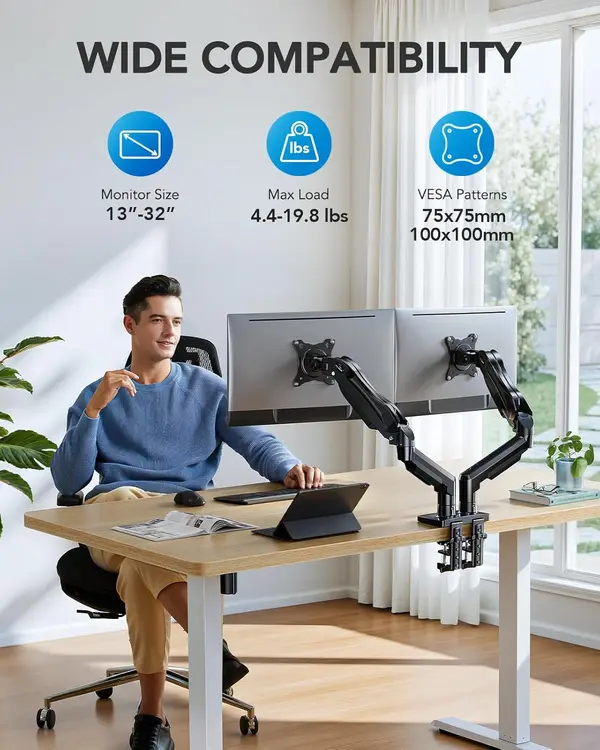 HUANUO FlowLift Dual Monitor Stand Gas Spring Fully Adjustable Gaming Monitor Desk Mount for 13 to 32in   