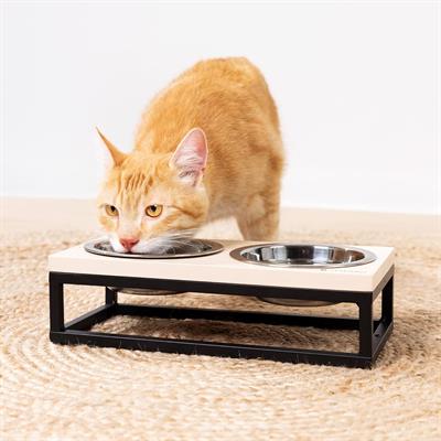 Navaris Pet Bowls Stand Double Raised Bowl Feeding Station for Small Dogs and Cats Stainless Steel Cat and Dog Dishes with Wood and Metal Holder