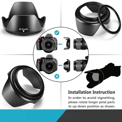 Neewer 62MM Camera Tulip Lens Hood + Collapsible Rubber Lens Hood + UV Filter + Lens Cleaning Pen