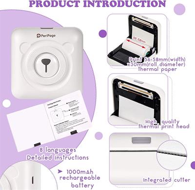 PeriPage A6 Mini Thermal Printer Inkless Bluetooth Pocket Printer for Print Picture List Memo Tags Barcode Receipt Labels