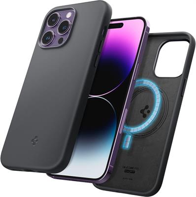 Spigen Silicone Fit MagFit Case for iPhone 14 Pro, [Military Grade Shockproof] [Anti-Scratch Microfiber Lining] [Silky-Touch] Slim MagSafe Phone Cover - Black