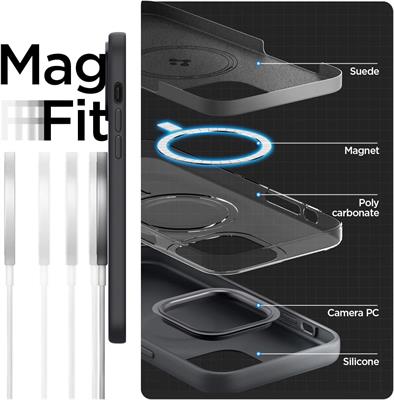Spigen Silicone Fit MagFit Case for iPhone 14 Pro, [Military Grade Shockproof] [Anti-Scratch Microfiber Lining] [Silky-Touch] Slim MagSafe Phone Cover - Black