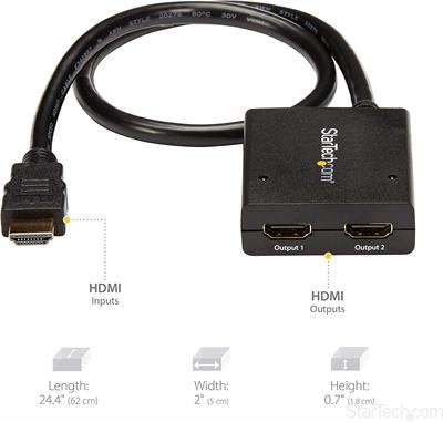 StarTech.com 4K HDMI Splitter 1 In 2 Out - 4K 30Hz HDMI 1.4 2 Port Video Splitter Box -with high speed HDMI cable, USB power cable - Black (ST122HD4KU)