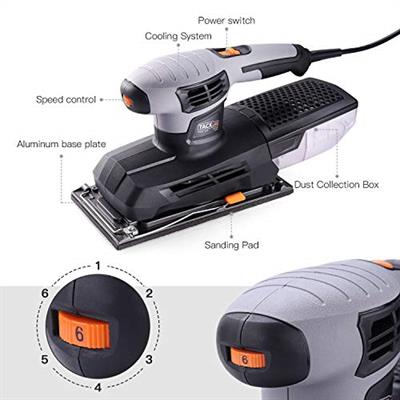 TACKLIFE Sheet Sander for Woodworking 300W Palm Sander with Larger Aluminum Sanding Base, 6 Variable Speed,12,000 Rpm