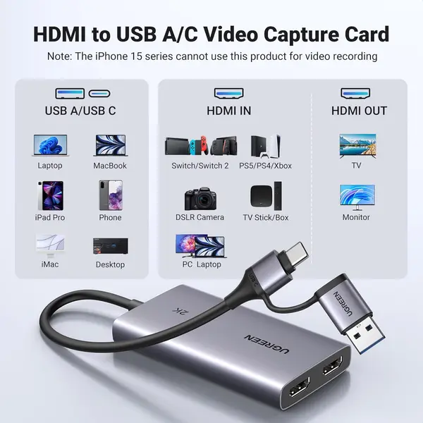 UGREEN HDMI Capture Card 2K 30FPS 1080P 60FPS Video Capture Card for Streaming Gaming with Low Latency Compatible with Switch 2 PS5 Xbox PC Mac