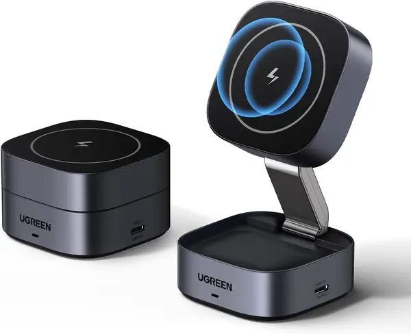 UGREEN Foldable Wireless Charger Qi15W 2 in 1 Magsafe Fast Charging Stand | Magentic Portable Travel Essential, Compatible with iPhone17/16/15/14/13/12 Series, AirPods 3/2/Pro (No AC Adapter)