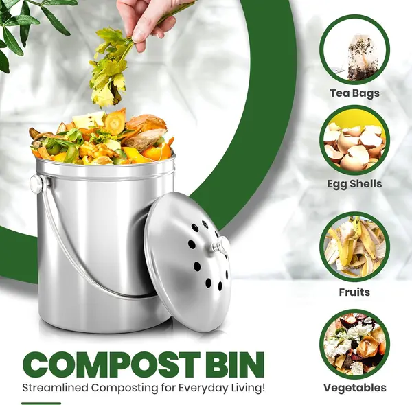 Utopia Kitchen Compost Bin for Kitchen Countertop, 1.3 Gallon Compost Bucket for Kitchen with Lid, Includes 1 Spare Charcoal Filter, Home Essentials