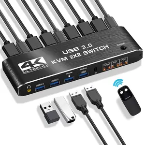 HDMI 2.0 KVM Switch USB 3.0 KVM Switch 2x2 with 3.5mm Jack Audio Output for 2 Computers and 2 Monitors