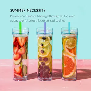 JVR Water Bottle Double Wall Insulated Acrylic Tumblers with Straw and Lid Hot and Cold 450ml 