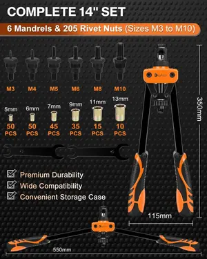 Lytool 14 inch Rivet Gun Nut Tool with 205pcs Nuts