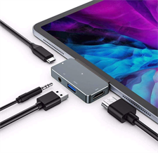 RREAKA  4-in-1 Adapter for iPad Pro 2018 /2020/11/12.9 with Aux 3.5mm Headphone Data Jack with Audio Volume Control,4K HDMI,USB 3.0, SD,USB C PD Charging Dongle