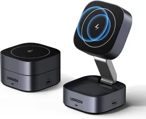 UGREEN Foldable Wireless Charger Qi15W 2 in 1 Magsafe Fast Charging Stand | Magentic Portable Travel Essential, Compatible with iPhone17/16/15/14/13/12 Series, AirPods 3/2/Pro (No AC Adapter)