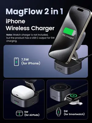 UGREEN Foldable Wireless Charger Qi15W 2 in 1 Magsafe Fast Charging Stand | Magentic Portable Travel Essential, Compatible with iPhone17/16/15/14/13/12 Series, AirPods 3/2/Pro (No AC Adapter)