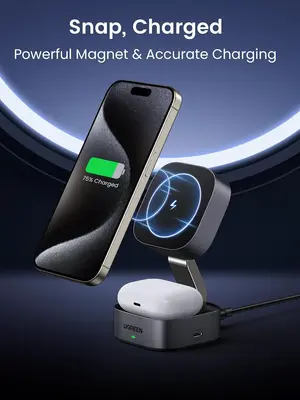 UGREEN Foldable Wireless Charger Qi15W 2 in 1 Magsafe Fast Charging Stand | Magentic Portable Travel Essential, Compatible with iPhone17/16/15/14/13/12 Series, AirPods 3/2/Pro (No AC Adapter)