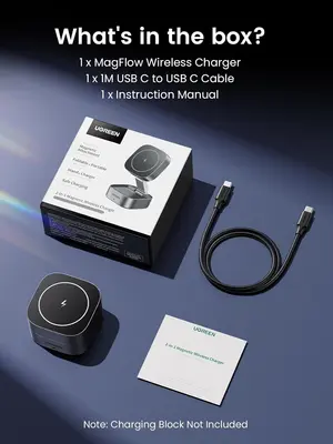 UGREEN Foldable Wireless Charger Qi15W 2 in 1 Magsafe Fast Charging Stand | Magentic Portable Travel Essential, Compatible with iPhone17/16/15/14/13/12 Series, AirPods 3/2/Pro (No AC Adapter)
