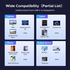 UGREEN Unidirectional USB C to DisplayPort Cable 8K@60Hz 4K@240Hz 3.3FT Thunderbolt 4/3 Compatible iPhone 17, MacBook Pro/Air, iPad, Mac Mini, Galaxy, XPS
